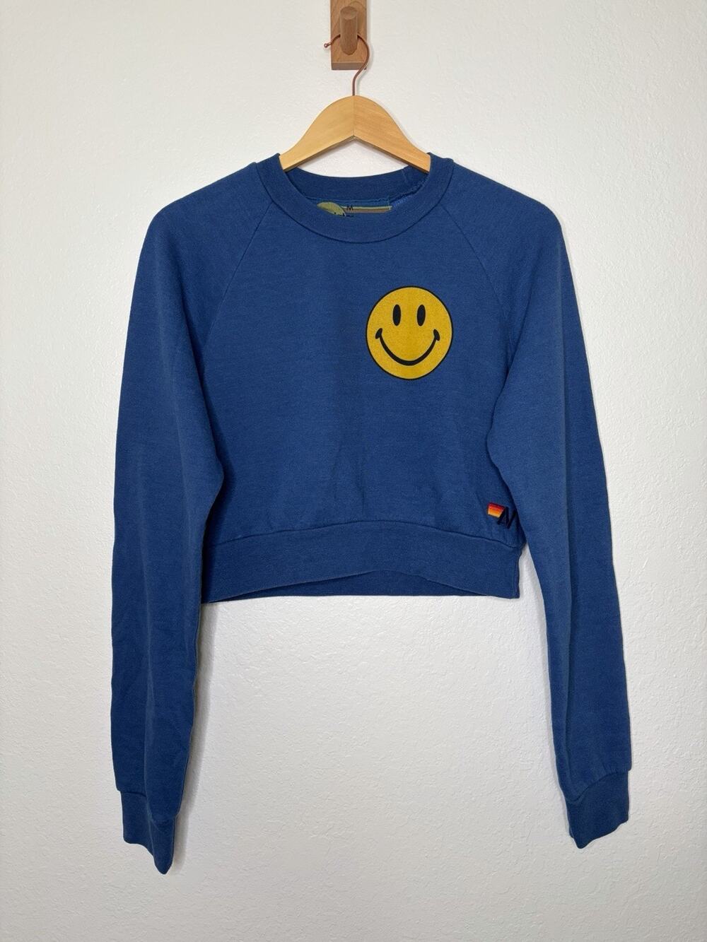 Aviator Nation Smiley Face Crewneck Sweatshirt in Blue Size Medium
